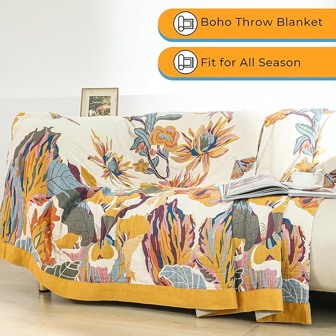 Boho Throw Blanket for Bed,100% Cotton Breathable Muslin Soft Throw, Fall Bed Throw Blanket Floral Bird Butterfly Printed Decor Large Blankets,80