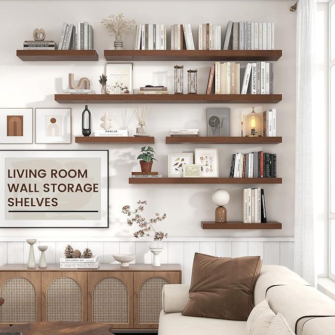 Floating Shelves for Wall, Large Wall Mounted Shelves with Invisible Brackets, Long Wood Floating Shelf for Living Room, Bedroom, Kitchen, (Walnut, 55