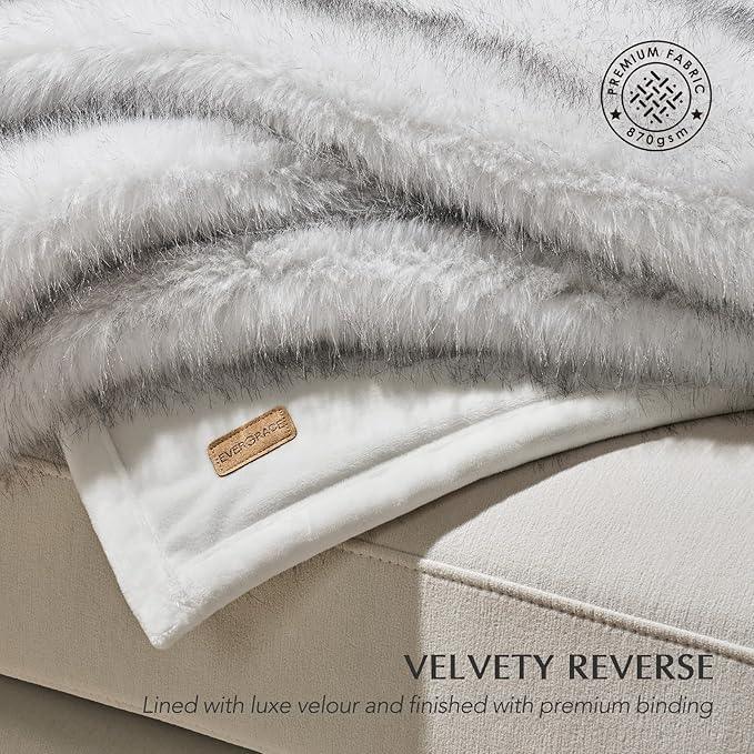 Luxury Faux Fur Throw Blanket, Soft Fluffy Faux Mink Blankets for Bed, Couch, Sofa, Thick Cozy Plush Warm Fur Throws with Reversible Velvet, Frosted White Wolf, 60