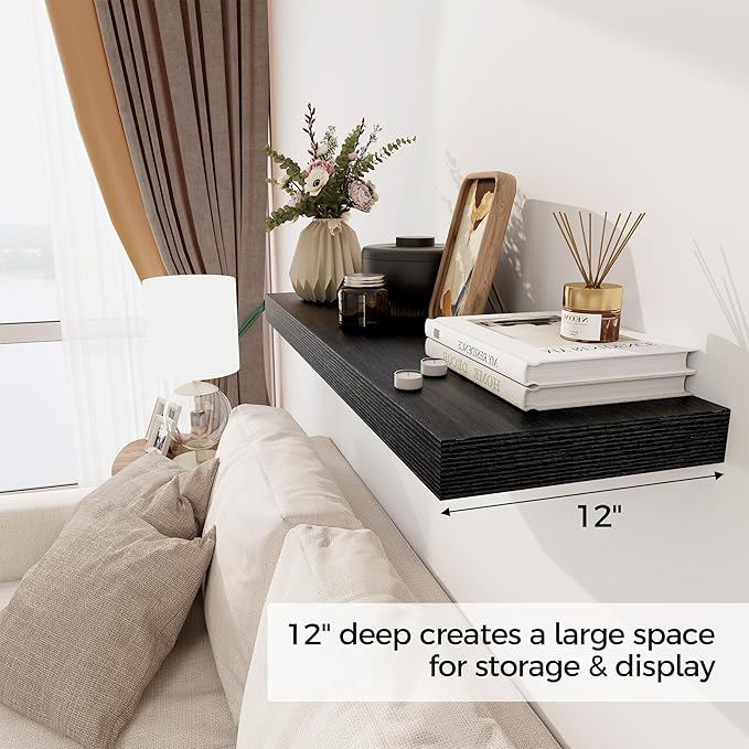 Black Floating Shelves 36 Inch Long, 12 Inch Deep Floating Shelves for Wall, 36 x 12 Shelves for Wall Storage & Display, 2