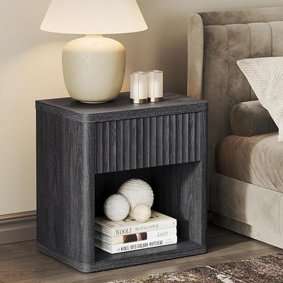 SICOTAS Night Stand Nightstand with Drawer Storage Fluted Bed Side Table End Table Large Modern Wide Bedside Mid Century Night Stands for Bedroom Living Room Sofa Couch Home Office, Dark Grey Alder