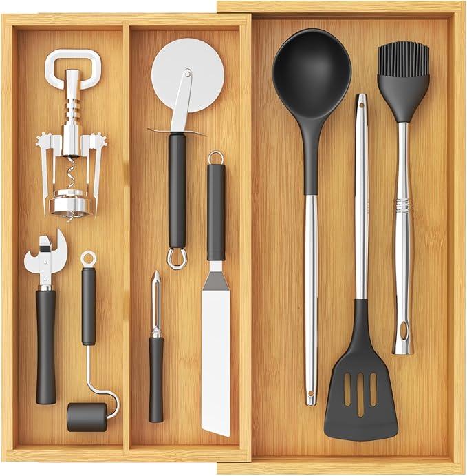Lifewit Utensil Drawer Organizer, Expendable Cooking Silverware Tray for Kitchen Drawer, Bamboo Adjustable Cutlery Flatware Holder, Spatula Tools and Gadgets Storage Divider, 3 Compartments, Natural