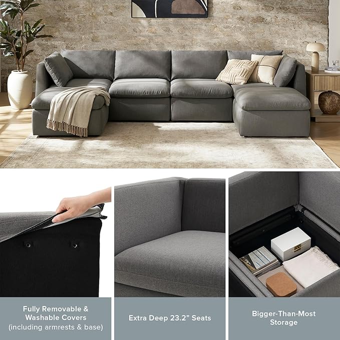 mopio Oversized Modular Sectional Sofa with Fully Removable Covers and Storage, Convertible U, L-Shaped and Sleeper Sectional, Modern Couches with Ottoman Chaise (Stone Gray Fabric, 3 Seater)
