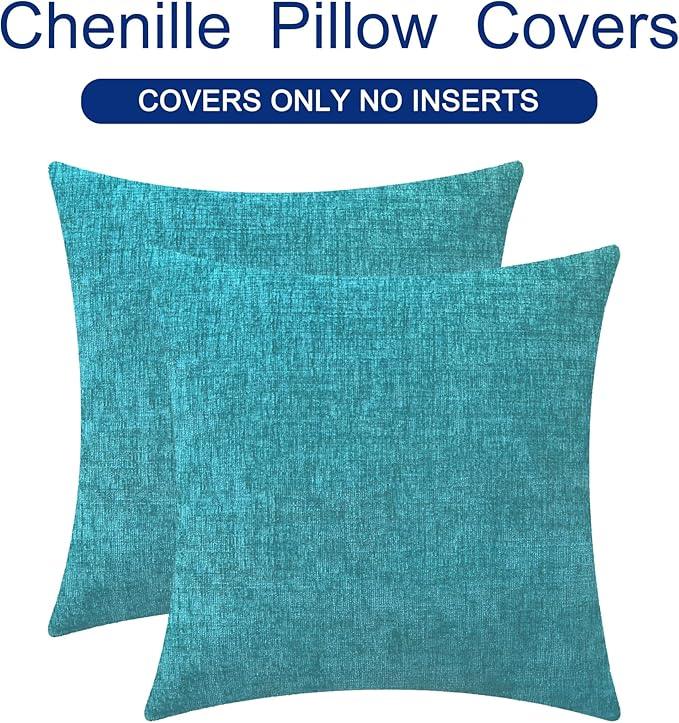 CaliTime Throw Pillow Covers Decorative 24 X 24 Inches Pack of 2 Cozy Chenille Cushion Cases for Couch Sofa Bed Living Room Home Lake Blue