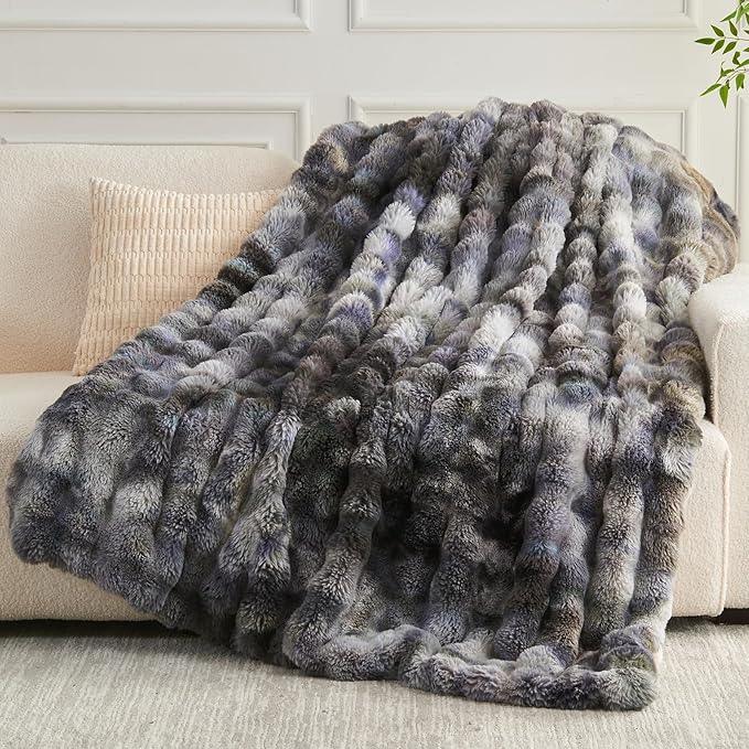 NEWCOSPLAY Faux Fur Throw Blanket Tie-dye Grey Luxury Fluffy Thick Warm Bubble Blanket for Couch Sofa Bed 700GSM (Tie-dye Grey, Throw(50