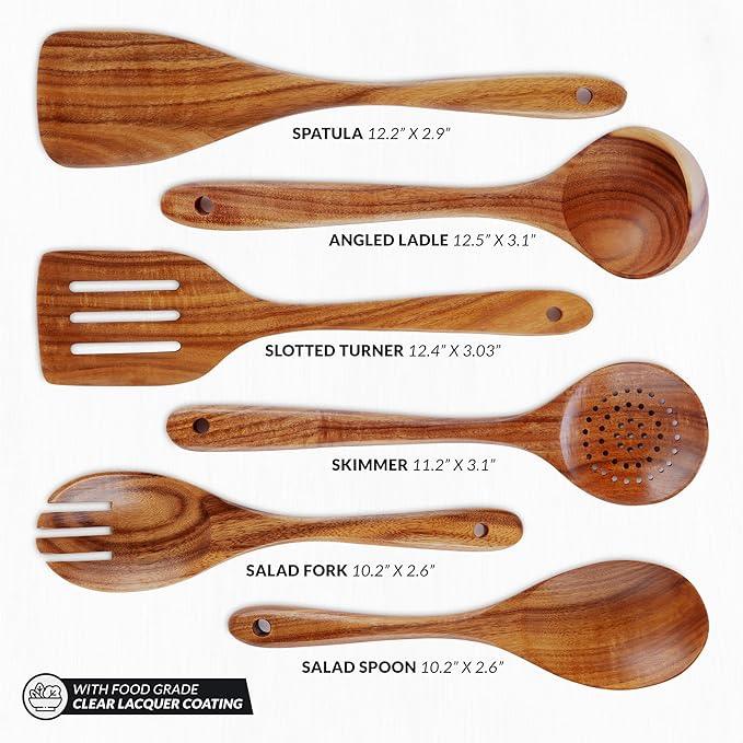 Zulay Kitchen Extra-Large 6-Piece Wooden Spoon Set - Smooth Teak Cooking Utensils - Comfort-Grip Non-Stick Turner, Spatula, Skimmer, Fork, Serving Spoon