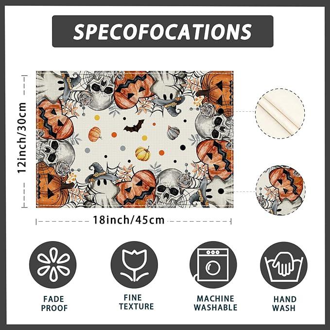 XCHI Spooky Skeleton Ghost Pumpkin Halloween Placemats Set of 6 Table Mats for Party Home Kitchen Dining Table Decorations 12x18 Inch