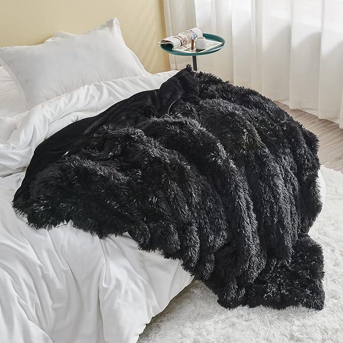 GONAAP Fuzzy Faux Fur Throw Blanket Queen Size Black Super Soft Cozy Plush Fuzzy Shaggy Blanket for Couch Sofa Bed (Black, Queen(90