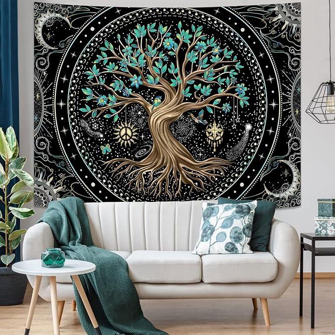Lunerfex Tree of Life Tapastry Butterfly Moon Tapastry Flower Green Tree Tapestries Mandala Wall Hanging for Bedroom and Living Room Decor 44×60 Inches