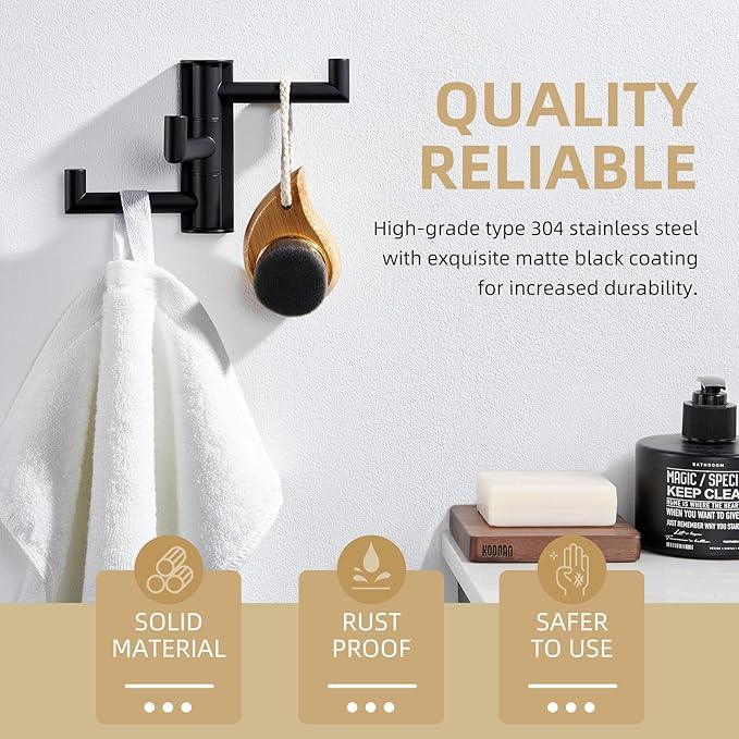 Angle Simple Swivel Towel Hook 3 Arms, SUS 304 Stainless Steel Foldable Bathroom Robe Towel Hook, Wall Coat Holder, Matte Black
