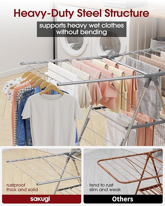 Clothes Drying Rack - Foldable Laundry Drying Rack for Clothing & Bedding, Easy-to-Assemble, Space-Saving Metal Airer with Non-Slip Feet, Indoor & Outdoor Use, 55.5