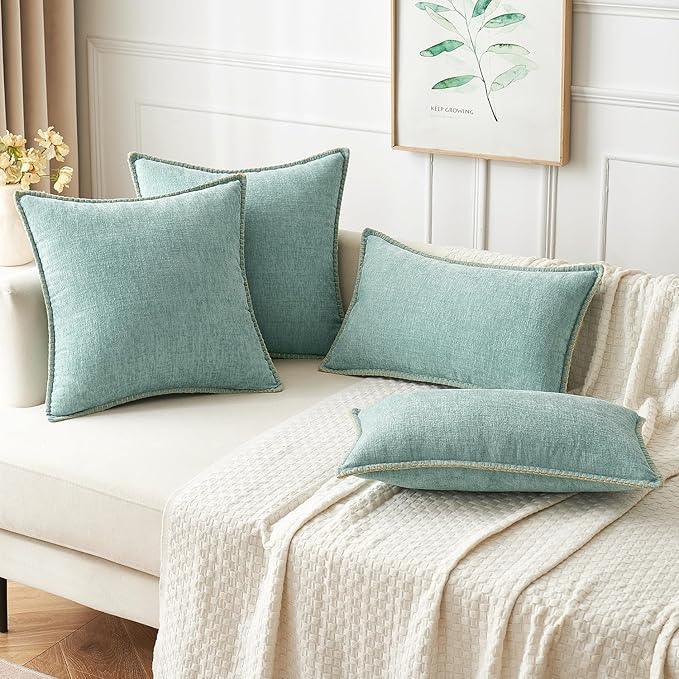 MIULEE Pack of 2 Couch Throw Pillow Covers 18x18 Inch Aqua Green Farmhouse Decorative Pillow Covers with Stitched Edge Soft Chenille Solid Dyed Spring Pillow Covers for Sofa Bed Living Room