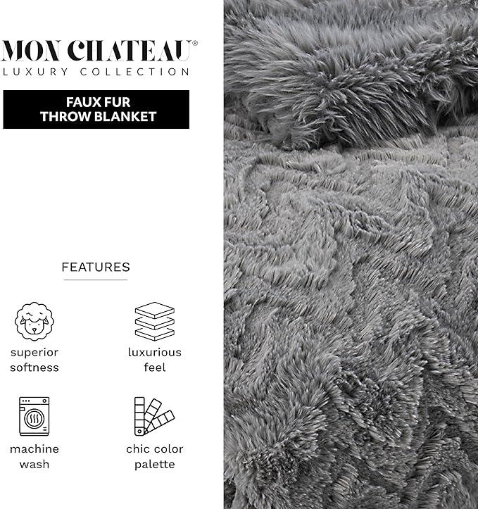 Mon Chateau Grey 3D Jacquard Faux Fur Throw, Plush Luxury Blanket for Couch, Sofa, or Bed, Soft Reversible Throw Blanket for Sleeping, Home & Room Décor, 60