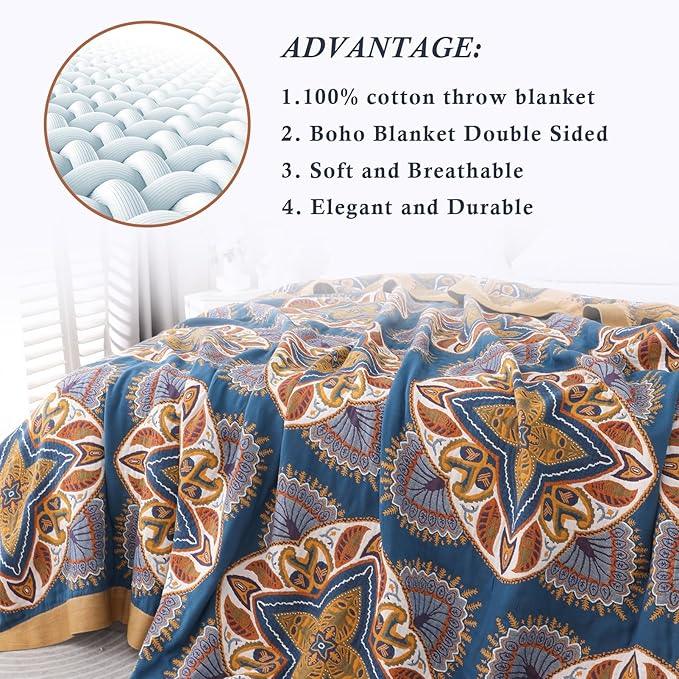Snycler Boho Throw Blanket for Bed - 100% Cotton Ultra Soft Rustic Quilt Blanket Orange Green Printed Farmhouse Decor Bed Blankets, 80