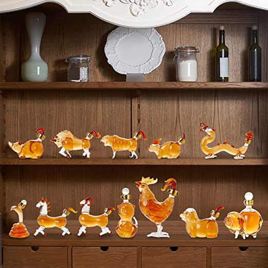 12 Chinese Zodiac Wine & Whiskey Decanter Set | Set of 12 Miniature Hand Blown Decanters | New Year Table Decoration, Constellation Glassware, Personalized Animal Red Wine Carafe Gift 150 ML