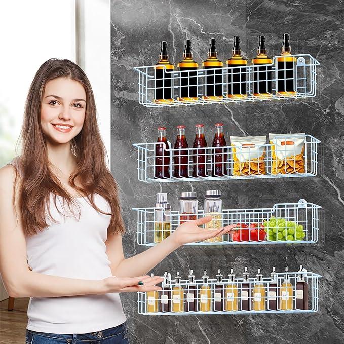Spice Rack, 4-Pack Seasoning Organizer Wall Mount for Kitchen Storage Organization, Metal Spice Holder Shelf Saving Space for Cabinet, RV, Pantry, Blue