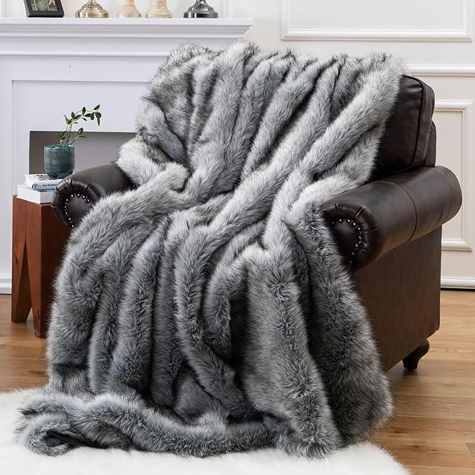BATTILO HOME Wolf Faux Fur Blanket, Extra Large Fox Fur Throw Blankets for Couch, Bed, Super Soft, Fluffy, Eelegant, Grey with Black Tips Blanket Reversible to Plush Velvet, (Grey, 60