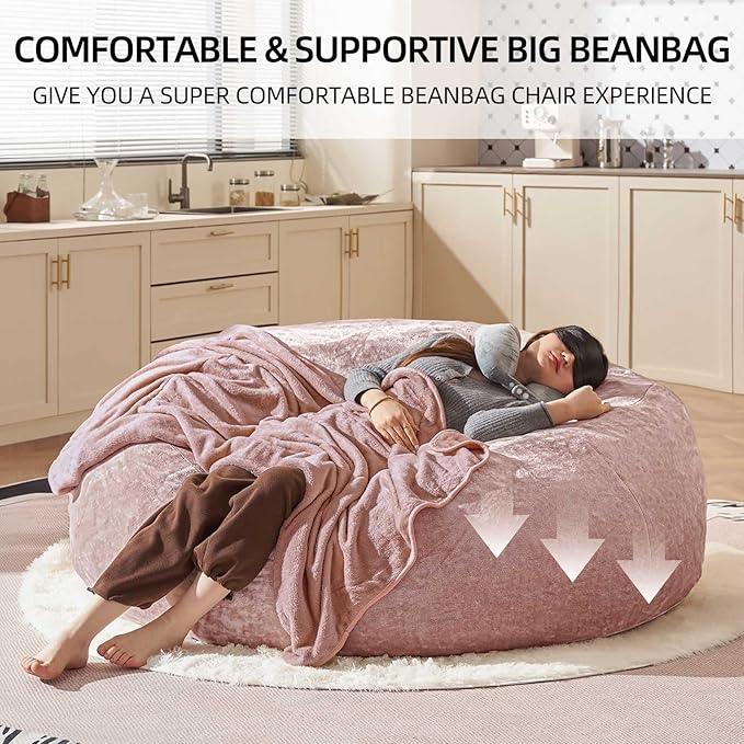 Bean Bag Chair 6Ft, Memory Foam Filled, Large Beanbag Chairs for Adults and Teens, Soft Sofa with Removable Flannel Cover, Round Couch for Living Room Bedroom College Dorm (Pink, 6FT-67×67
