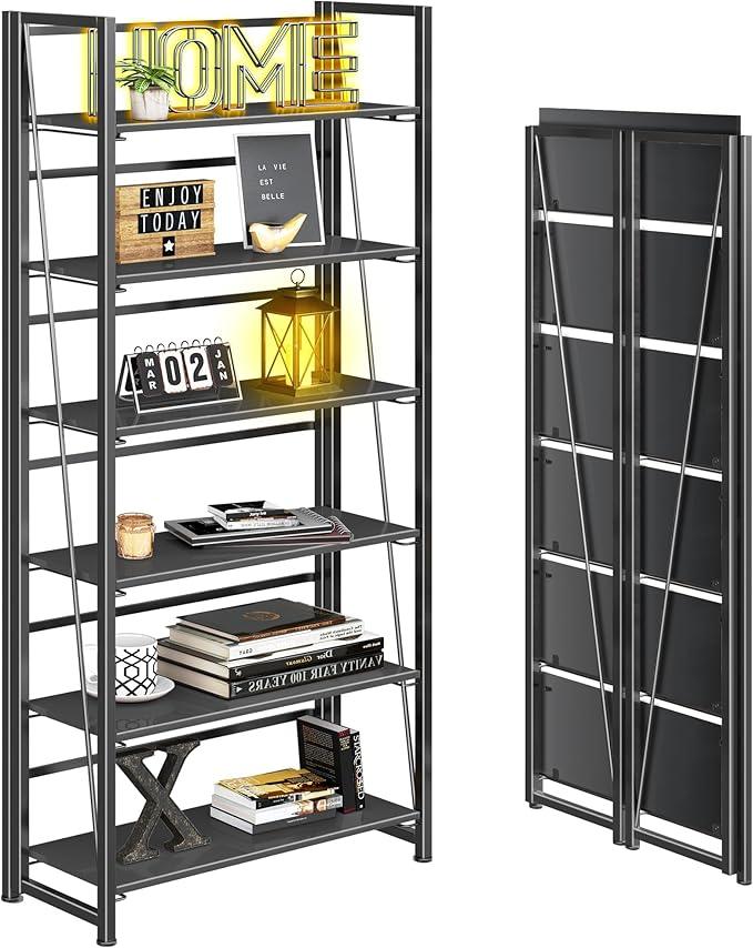 4NM No Assembly Foldable Bookshelf, 6-Shelf Collapsible Bookcase Storage for Small Spaces, 74