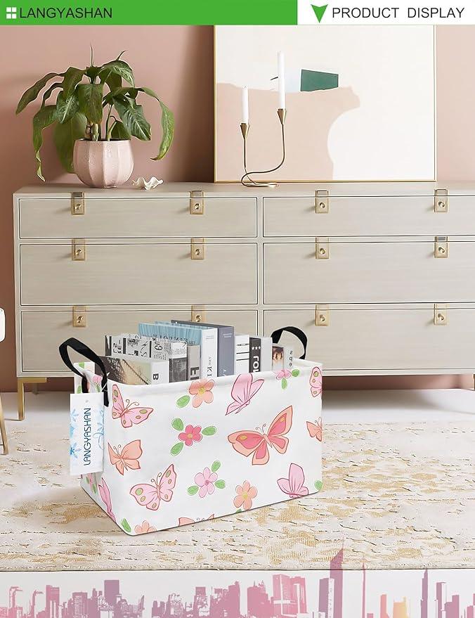 LANGYASHAN Rectangular Storage Bin Collapse Canvas Fabric Cartoon Storage Basket with Handles for Organizing Home Kitchen Boys and Girls Toys Office Closet Shelf Baskets (Rec Pink Butterfly)