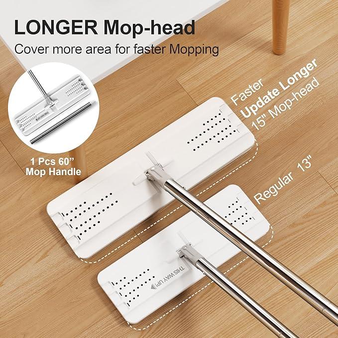 JOYMOOP Mop and Bucket with Wringer Set, Flat Squeeze Mop with Bucket (X-Large), Dust Mop for Wall Cleaner with Long Handle, Microfiber Mop - White Bucket with 3 Reusable 15