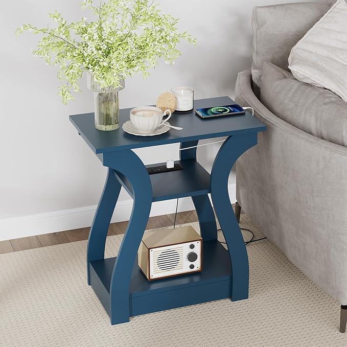 End Tables Living Room, End Table end Table with Charging Station and USB,Navy Blue Side Table, Nightstand for Bedroom,3 Tier End Table with Storage Shelf for Living Room