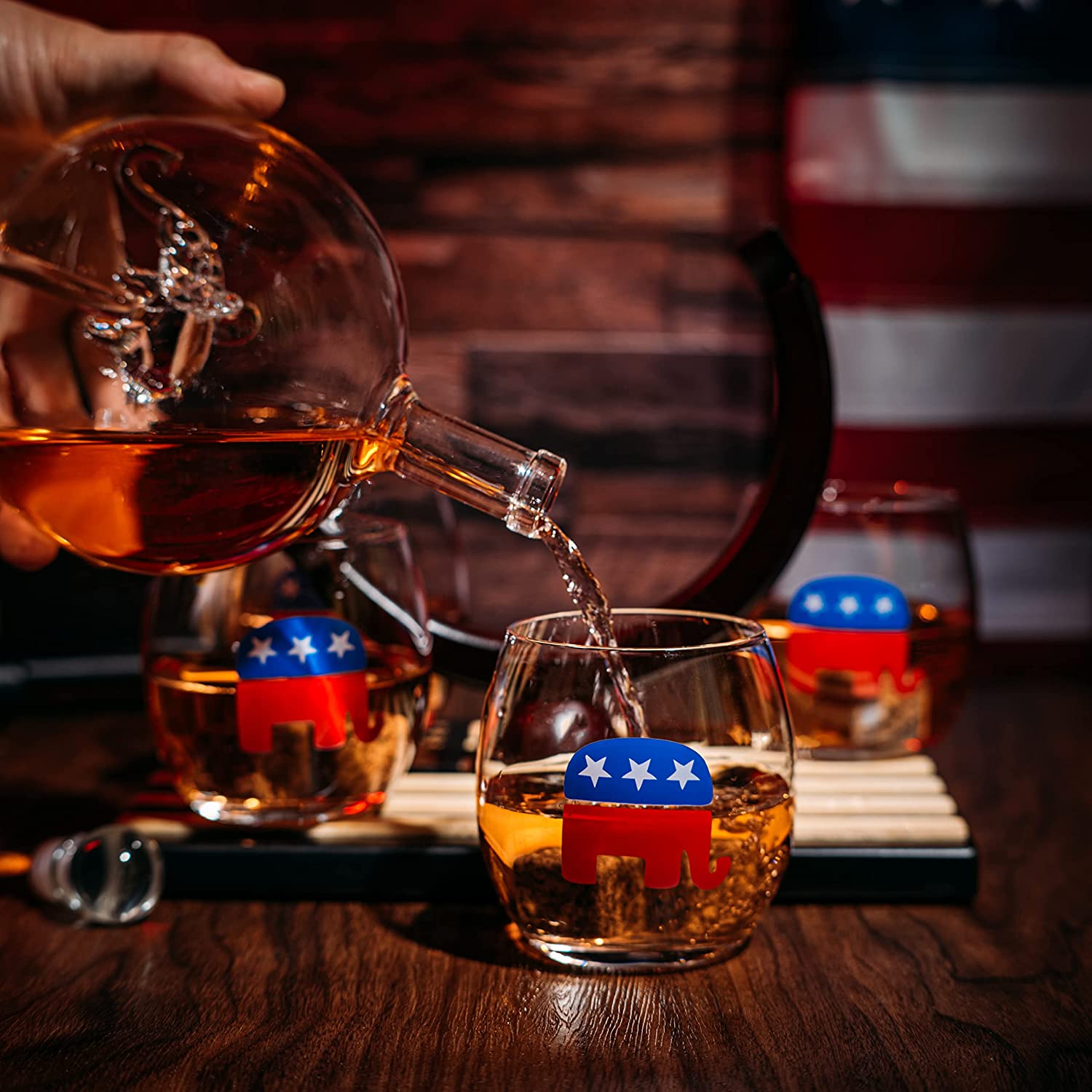 Republican Party Wine & Whiskey Decanter Set, Proud Republicans Vote Red Election Decor, Washington DC Politics Gift, 750ml US Flag & 4 Glasses - Elephant Logo, RNC Gifts, Senate, House & President
