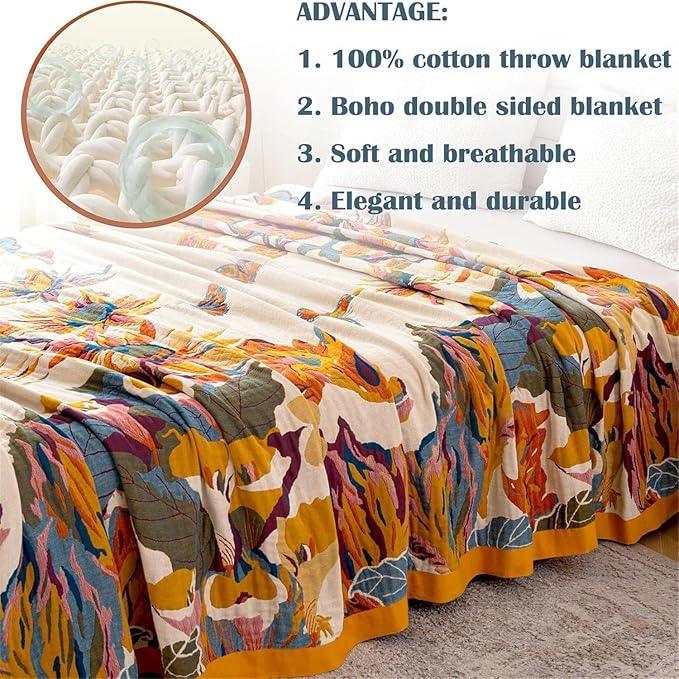 MSGKV Boho Throw Blanket for Couch and Sofa Cotton Cover for Living Room Floral Throw Cozy Blankets (D-Flower and Butterfly, 50