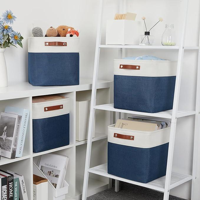 DULLEMELO Foldable Storage Cubes 12 x 12 Organizer Bins,Canvas Storage Bins Empty Gift Baskets for Organizing with SturdyLeather Handles, Closet Baskets for Nursery Storage(4 Pack - 12
