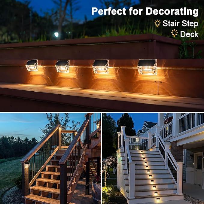 Solar Outdoor Lights, 8 Pack Solar Fence Deck Lights, Waterproof Outside Lighting for Step Railing Wall Pool Stair Yard Garden Patio Pool Decorations (Warm White)