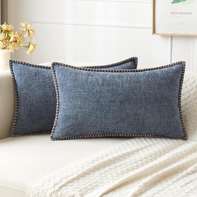 MIULEE Pack of 2 Couch Throw Pillow Covers 12x20 Inch Dark Grey Blue Farmhouse Decorative Pillow Covers with Stitched Edge Soft Chenille Solid Dyed Spring Pillow Covers for Sofa Bed Living Room