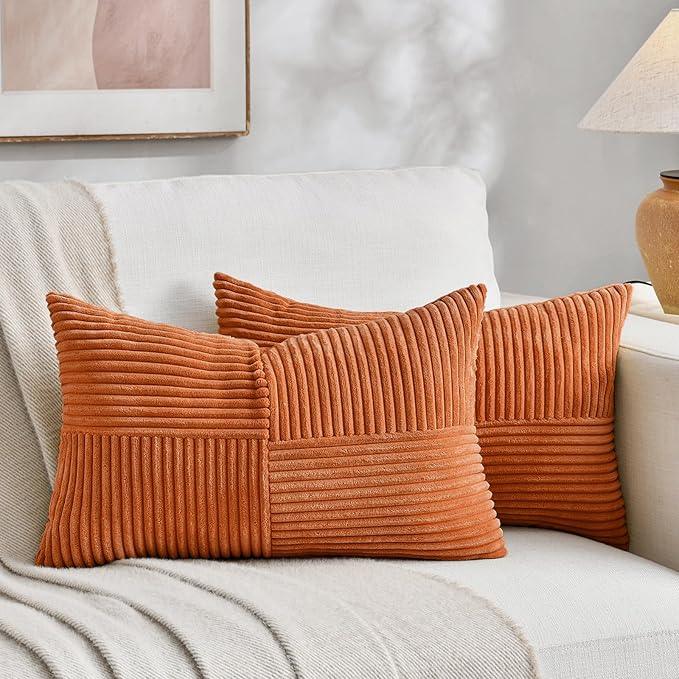 Fancy Homi 2 Packs Orange Long Lumbar Decorative Throw Pillow Covers 12x24 Inch for Couch Bed Sofa, Rustic Farmhouse Boho Home Decor, Soft Striped Corduroy Rectangle Accent Cushion Case 30x60 cm