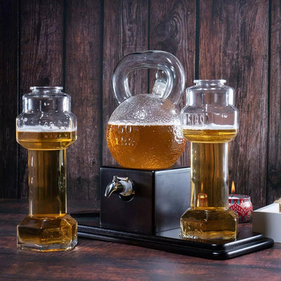 Kettlebell & Dumbbell Beer, Whiskey & Wine Dispenser Set, 40 OZ Decanter & 26 OZ Glasses - Great Weightlifting Gift, Coach, Deadlifting Powerlifting - Pourer with Spigot Mahogany Wooden Base Gym Gifts for Dad