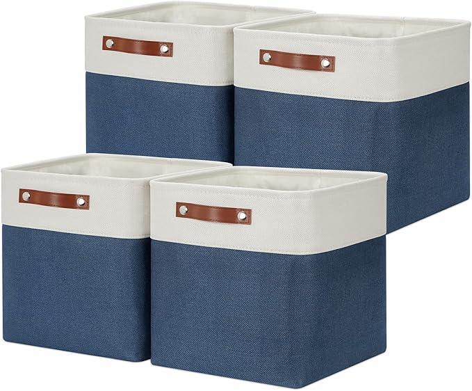 DULLEMELO Foldable Storage Cubes 12 x 12 Organizer Bins,Canvas Storage Bins Empty Gift Baskets for Organizing with SturdyLeather Handles, Closet Baskets for Nursery Storage(4 Pack - 12