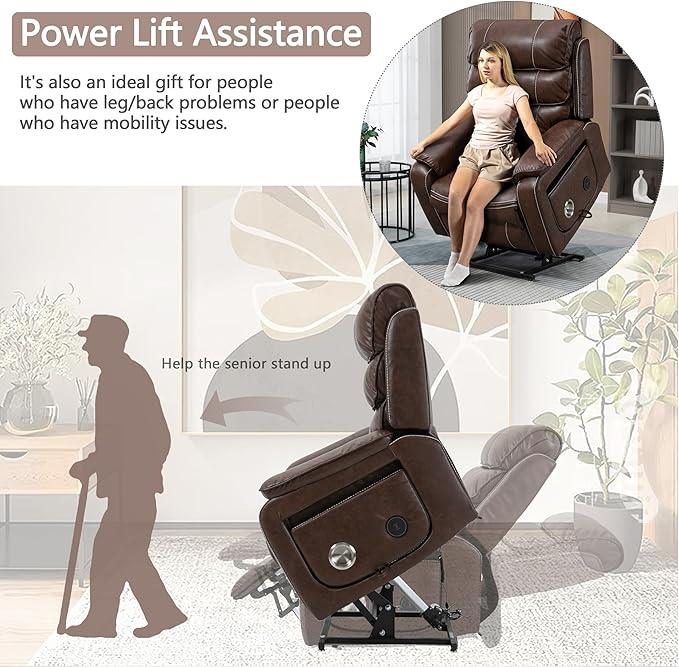 Power Lift Recliner Chair for Adults Elderly Lay Flat Leather Recliners with Massage Heating, Extended Footrest, Wireless Charging Device, USB Ports, Cup Holder, Lumbar Pillow, Up to 400LBS