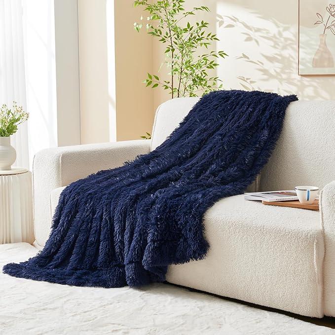 GONAAP Fuzzy Faux Fur Throw Blanket Twin Size Dark Navy Super Soft Cozy Plush Fuzzy Shaggy Blanket for Couch Sofa Bed (Dark Navy, Twin(60