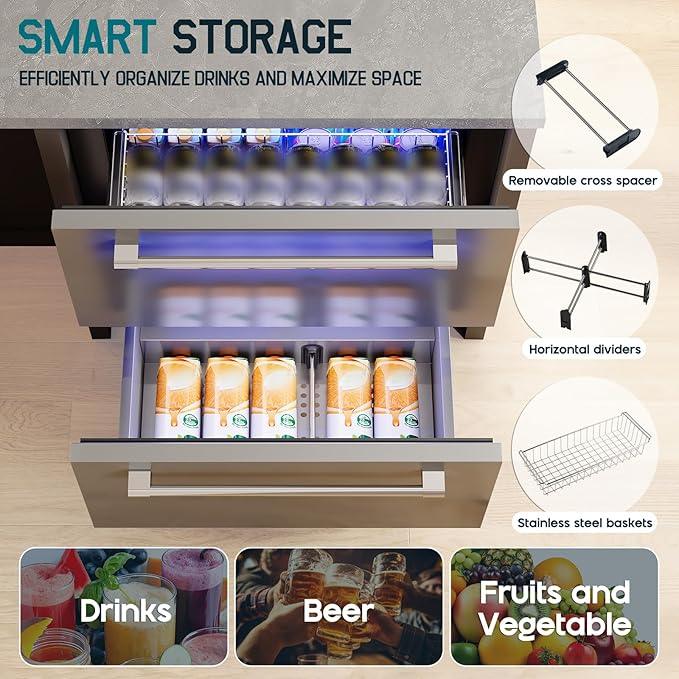 Albott 24 Inch Under Counter Drawer Fridge – Stainless Steel Beverage Refrigerator with Dual Drawers, LED Touch Control, Adjustable Storage, Frost-Free, Low Noise, 34-72℉, for Indoor or Outdoor Use
