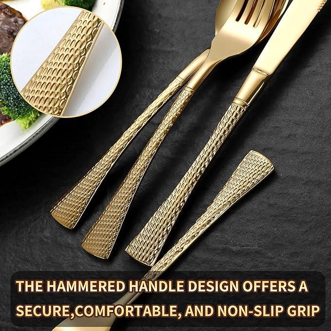 Hammered Gold Silverware Set,20 Piece Modern Flatware Set Service for 4,Mirror Polished Stainless Steel Cutlery Set Utensil Set Tableware Set,Kitchen Knives Forks Spoons Set,Dishwasher Safe