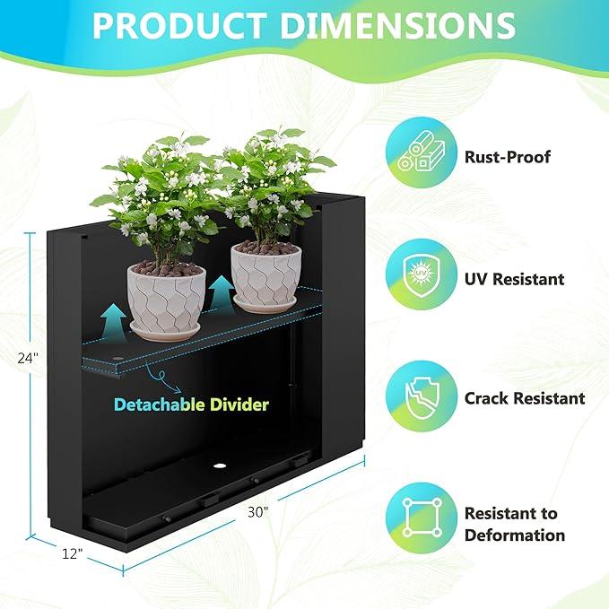 FENCY Metal Planter Box, Large Rectangular Planters for Outdoor Plants, Outdoor Tall Planters with Drainage Holes, Black Metal Planters (30