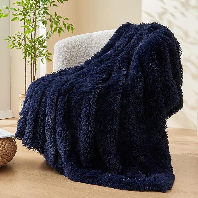 GONAAP Fuzzy Faux Fur Throw Blanket Twin Size Dark Navy Super Soft Cozy Plush Fuzzy Shaggy Blanket for Couch Sofa Bed (Dark Navy, Twin(60