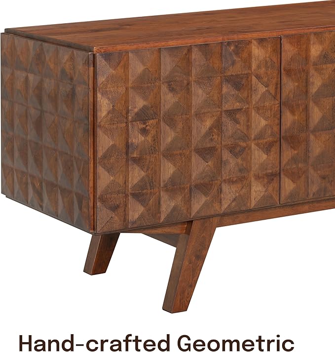 NTC Sapa Mid-Century Modern Solid Wood TV Stand 4-Door Media Console with Carved Geometric Fronts for TVs up to 75