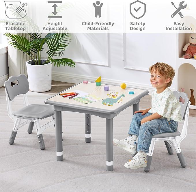 Kids Table and 2 Chairs Set, Height Adjustable (17.7