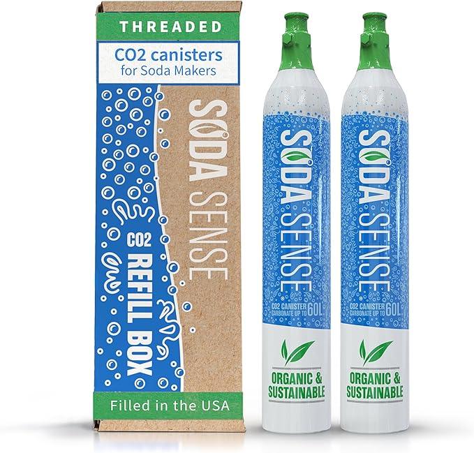Soda Sense 60L CO2 Exchange Canister - 2 Pack, Threaded Style - Compatible with All 'Screw-In' Soda/Sparkling Water Makers, Including SodaStream BLUE Cylinder Models, Ninja Thirsti, Philips & More