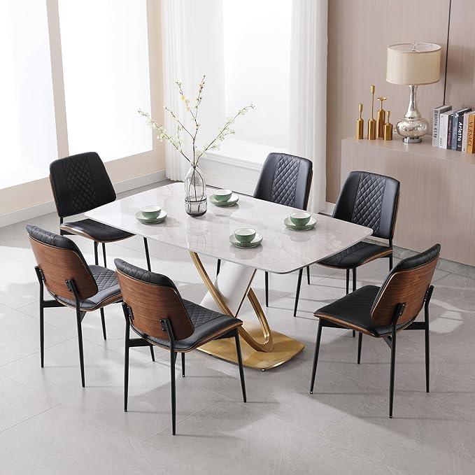 BV Dining Chairs Set of 2, PU Leather Armless Kitchen Chair in Modern Walnut Style, Mid Century Bentwood Side Chair with Metal Legs, Retro Accent Guest Chair for Kitchen Dining Room(Black)