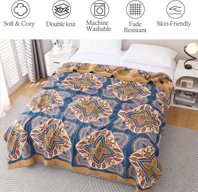 Snycler Boho Throw Blanket for Bed - 100% Cotton Ultra Soft Rustic Quilt Blanket Orange Green Printed Farmhouse Decor Bed Blankets, 80
