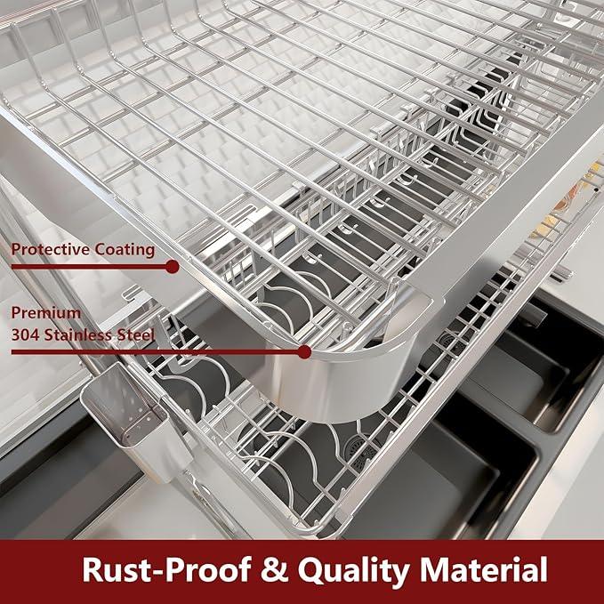 VNKZI Over Sink Dish Drying Rack, 3 Tier Full Stainless Steel Storage Adjustable Length (25.98'' to 36.61'') Kitchen Rack, Multifunctional Expandable Counter Organizer, Space Saver Dish Rack