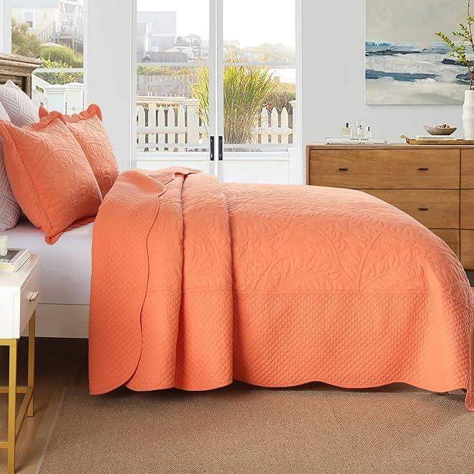 MarCielo 3-Piece 100% Cotton Oversized Bedspread Lightweight Quilt Coverlet Embroidery Farmhouse Bedding Set T0 (Salmon, Oversized Queen (100