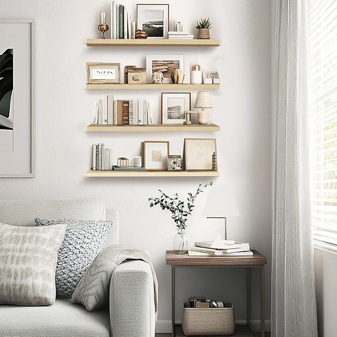 Floating Wall Shelves 4-Pack - Rustic Wood 16-inch Wooden Wall Shelves for Storage and Décor, Multi-Functional and Easy to Install for Living Room, Bedroom, and Kitchen