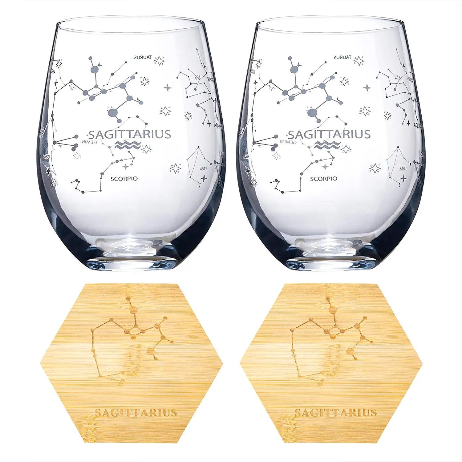 Set of 2 Zodiac Sign Wine Glasses with 2 Wooden Coasters by The Wine Savant - Astrology Drinking Glass Set with Etched Constellation Tumblers for Juice, Home Bar Horoscope Gifts 18oz (Sagittarius)