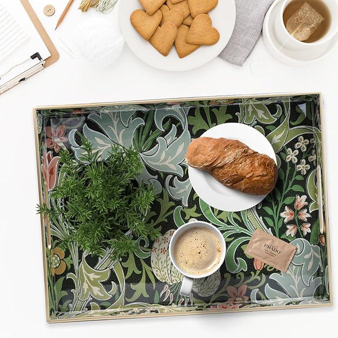 Spsyrine Serving Tray with Handles, Plastic Decorative Tray for Coffee Table, Living Room, Home Decor, Golden Lily